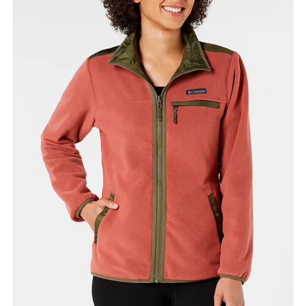 Columbia Women’s Reversible Nylon Fleece Lined Zip-Up Jacket Olive Coral, Sz L